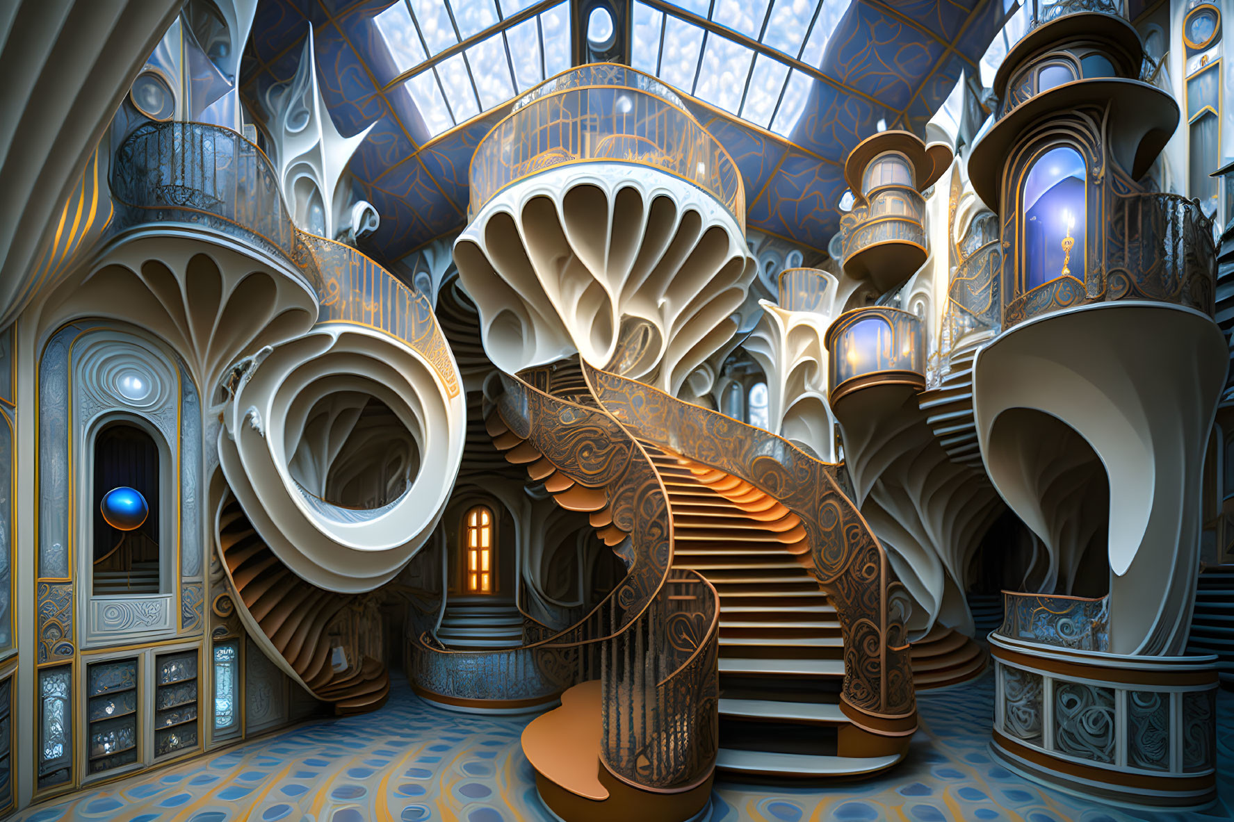 Intricate spiral staircases and glass ceiling in surreal interior