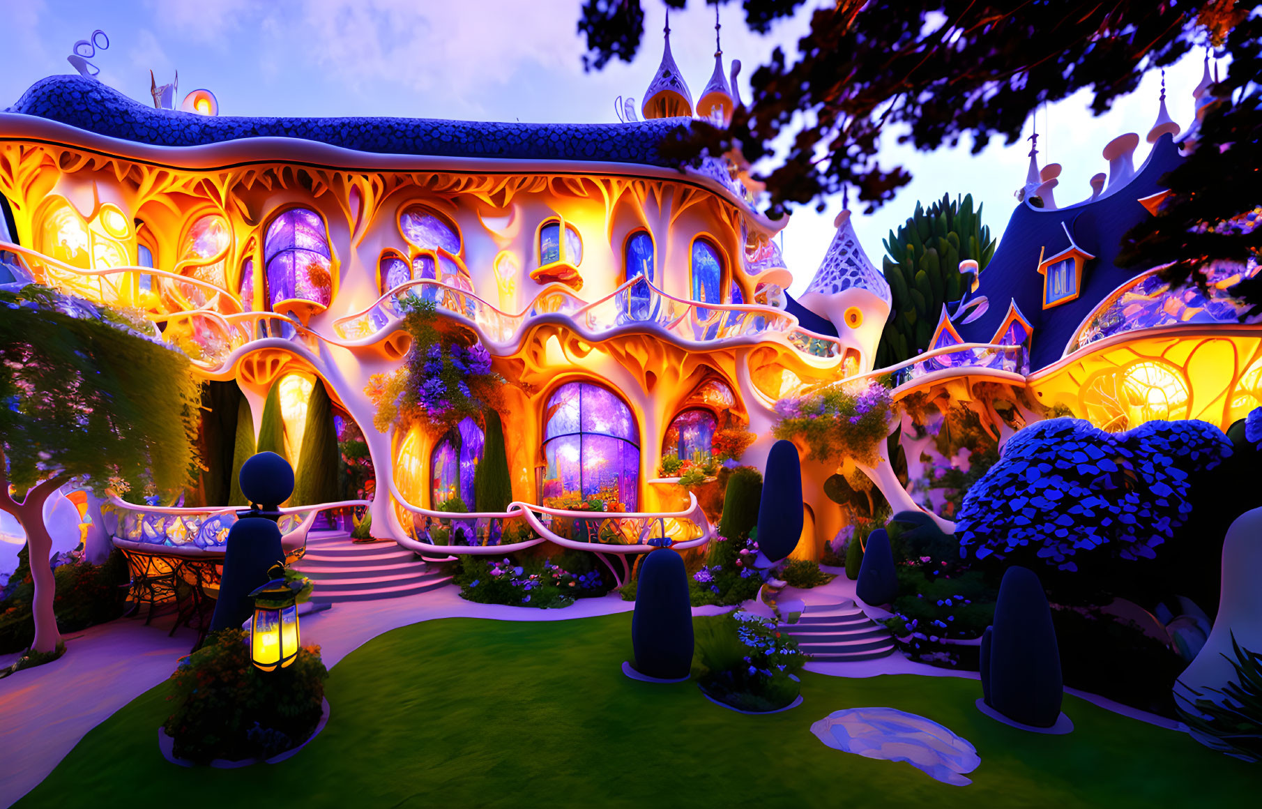 Colorful Whimsical House with Glowing Windows and Fantasy Garden at Dusk