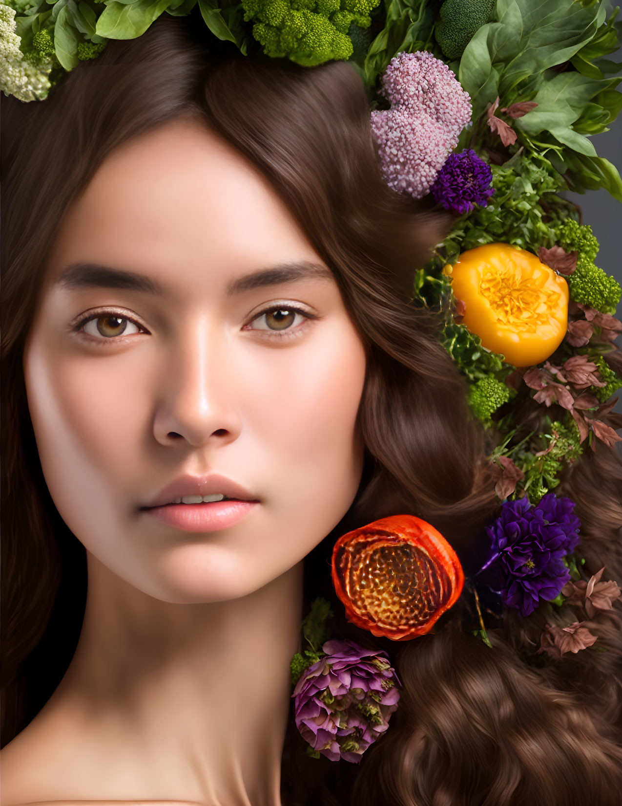 Woman wearing floral and fruit headpiece with green leaves, purple flowers, and sliced citrus, looking at