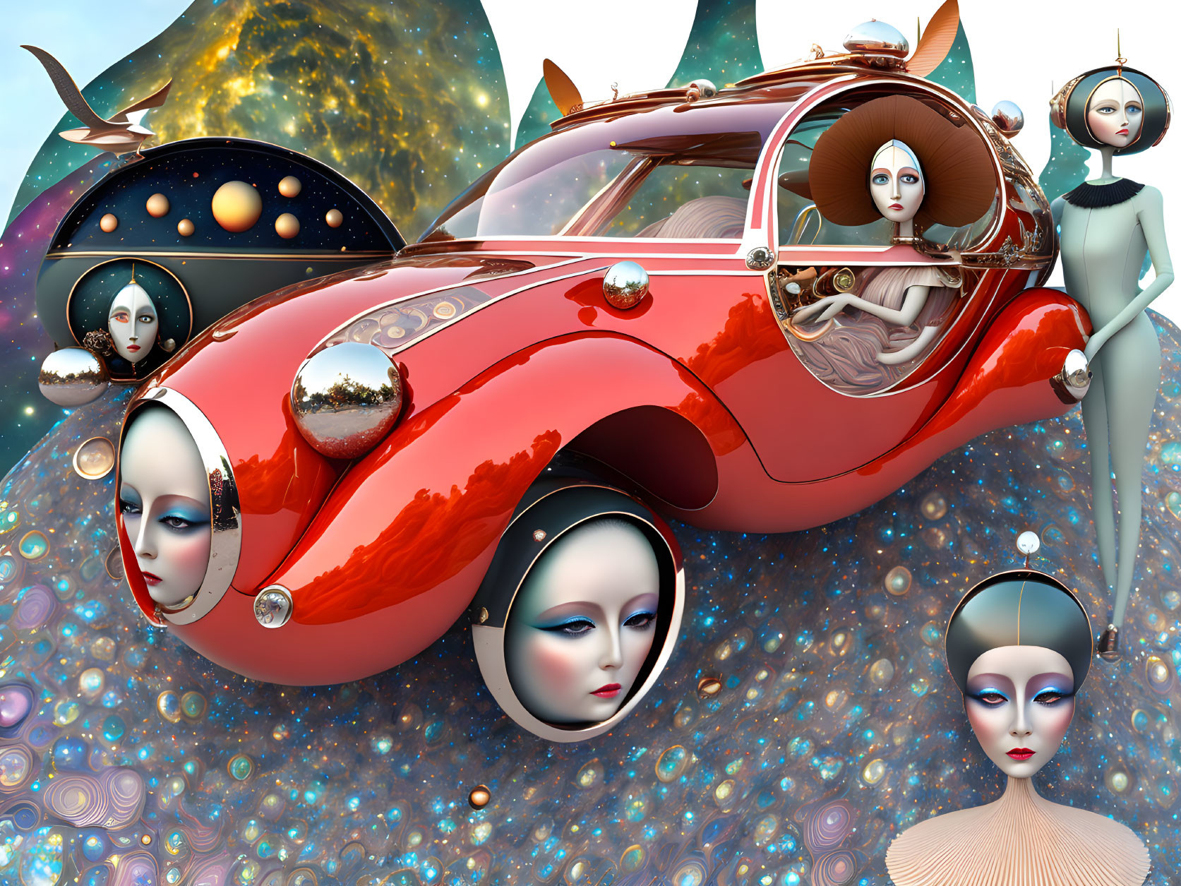 Vibrant surreal digital artwork with vintage car and floating faces