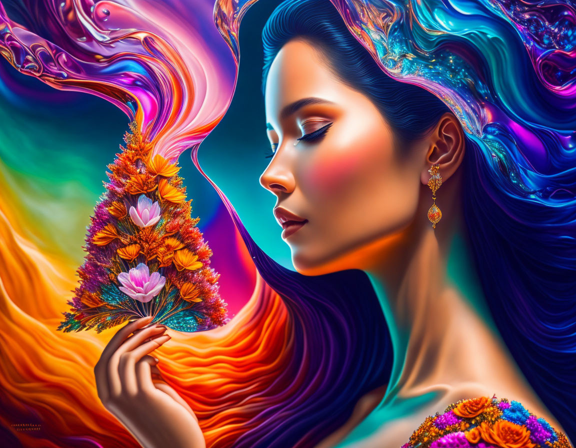 Colorful digital artwork: Woman with flowing hair near pink flower tree