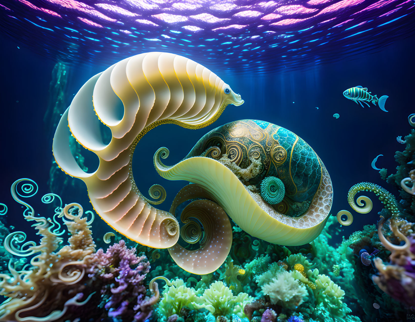 Colorful Digital Art: Imaginary Seashell Creature in Underwater Scene