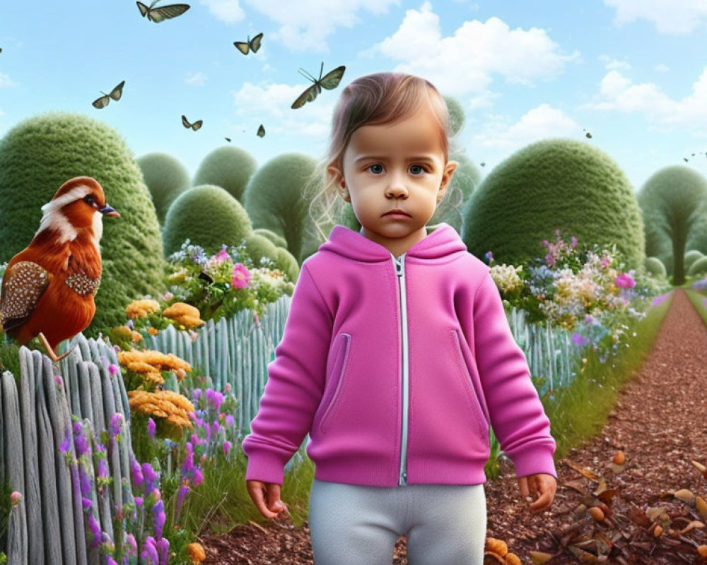 Child in Pink Hoodie on Whimsical Fantasy Path with Bird and Butterflies