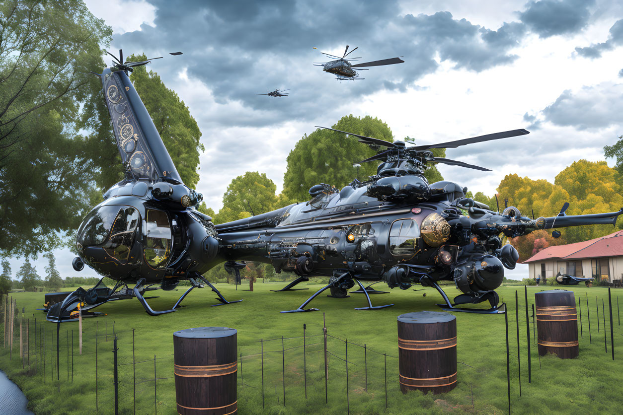 Elaborately Decorated Helicopters on Grass Field