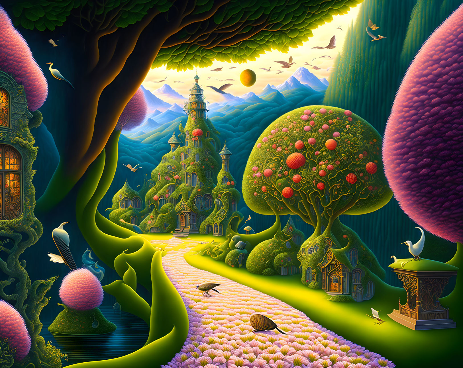 Fantastical landscape with whimsical architecture and colorful flora