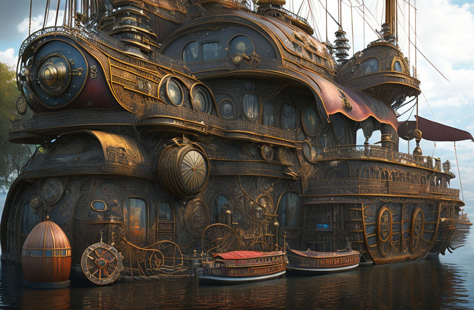 Steampunk-inspired ship with ornate metalwork and gears on calm waters at dusk