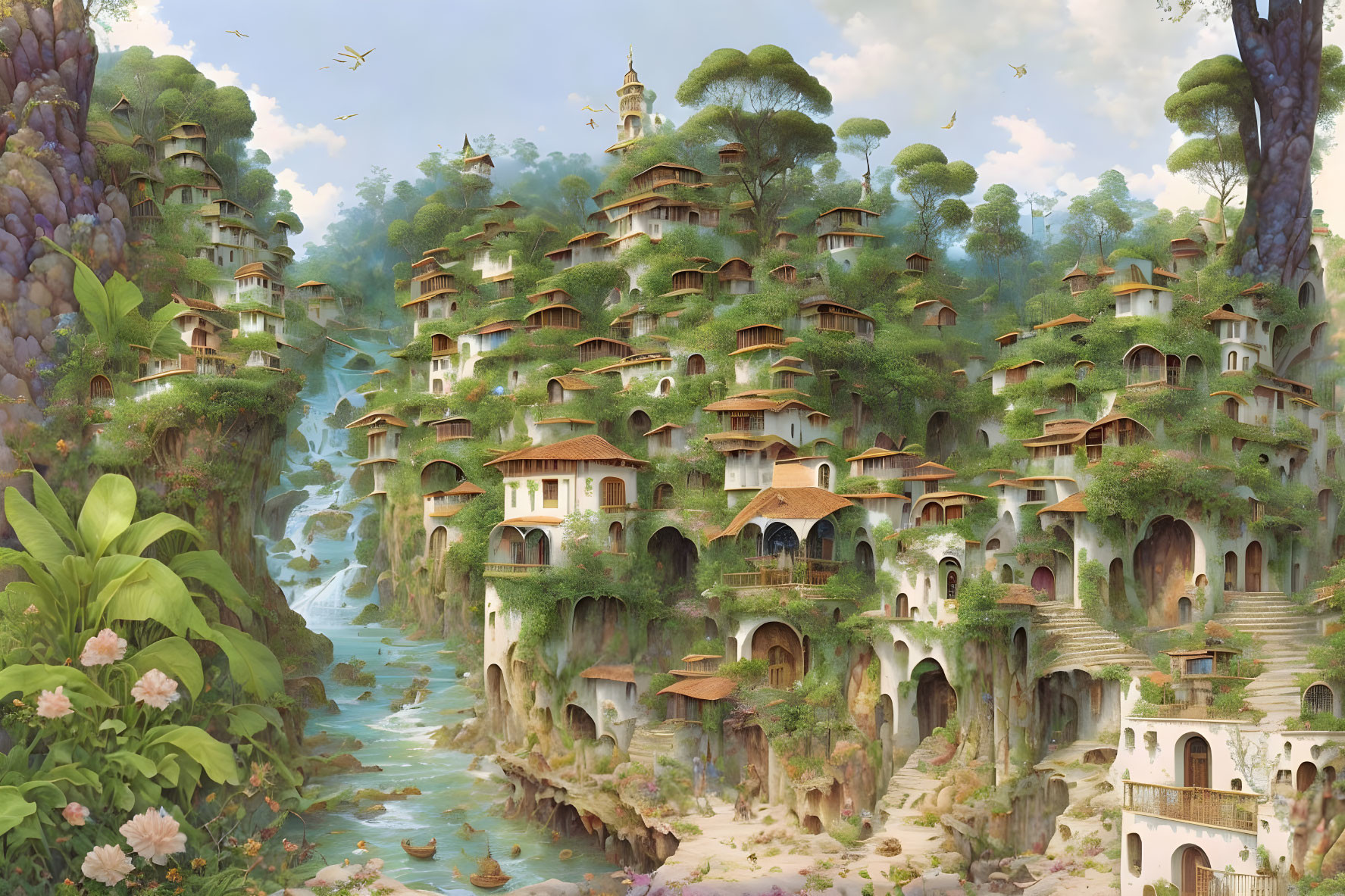 Fantastical landscape with greenery, waterfalls, tiered houses, and serene waters.