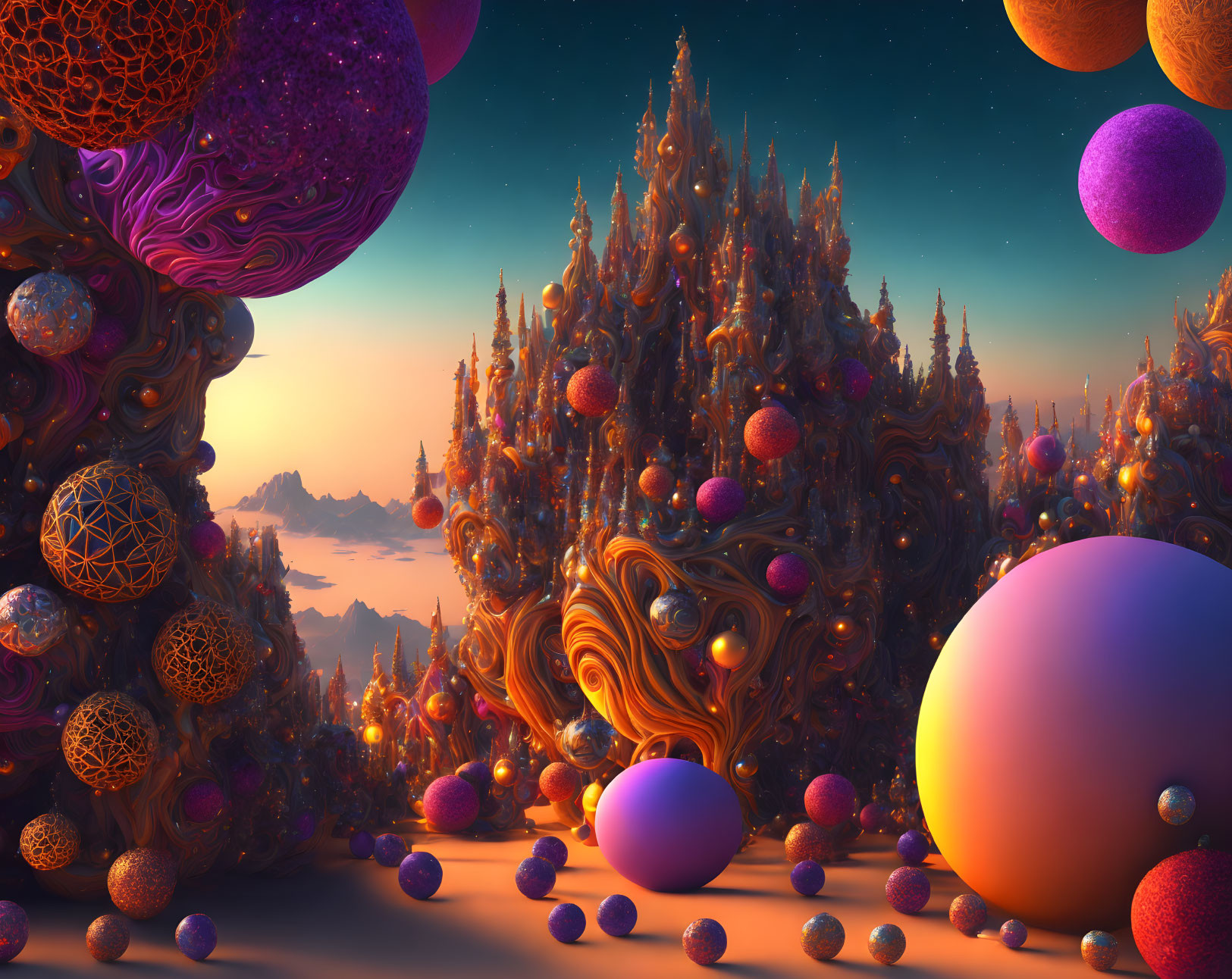 Fantastical landscape with alien structures and floating spheres at twilight