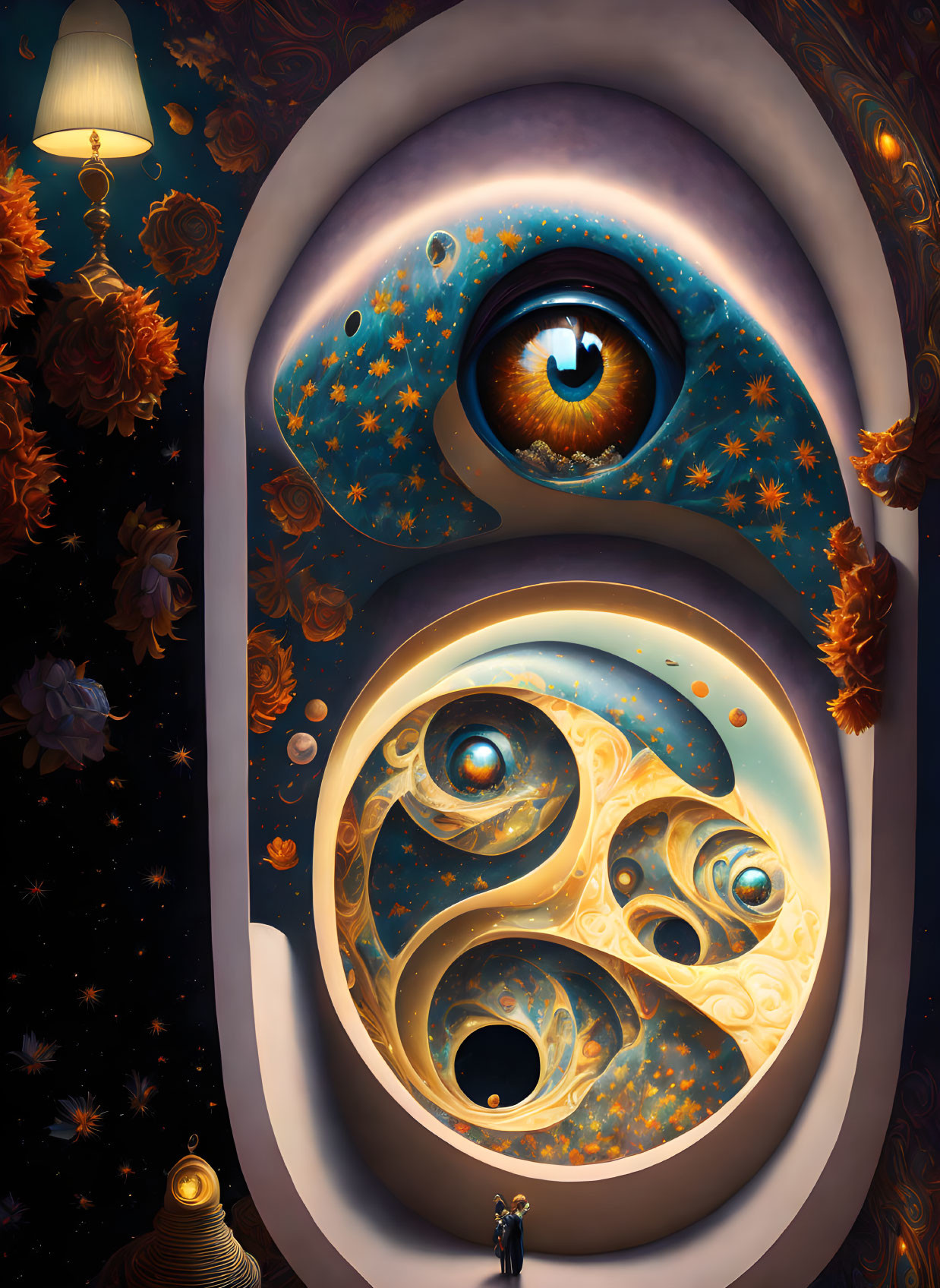 Surreal cosmic scene with yin-yang motifs and eye, human figure