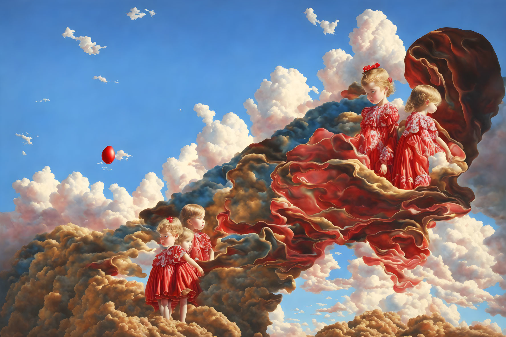 Four Girls in Vintage Red Dresses on Cloud-like Structure Against Blue Sky