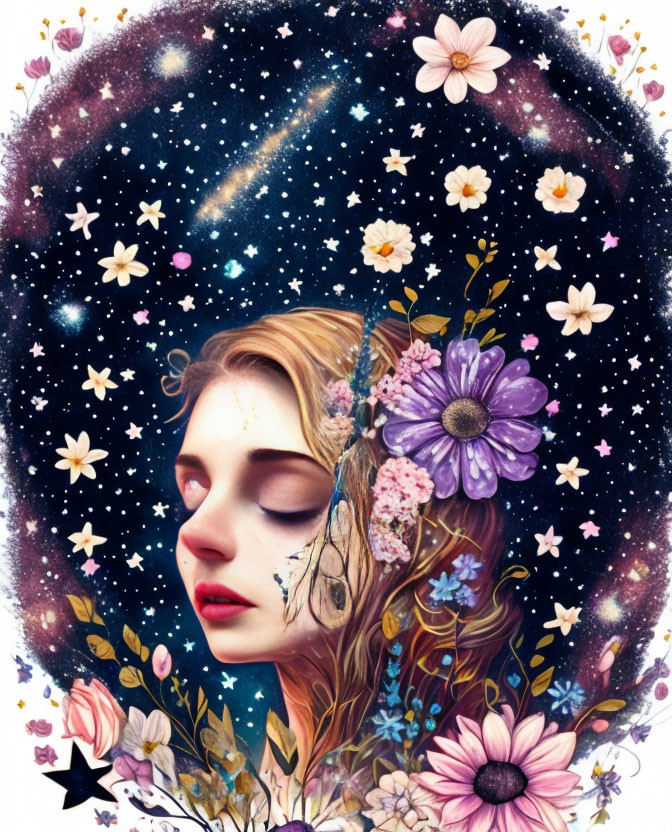 Surreal portrait of woman with closed eyes and vibrant flowers against starry cosmos.