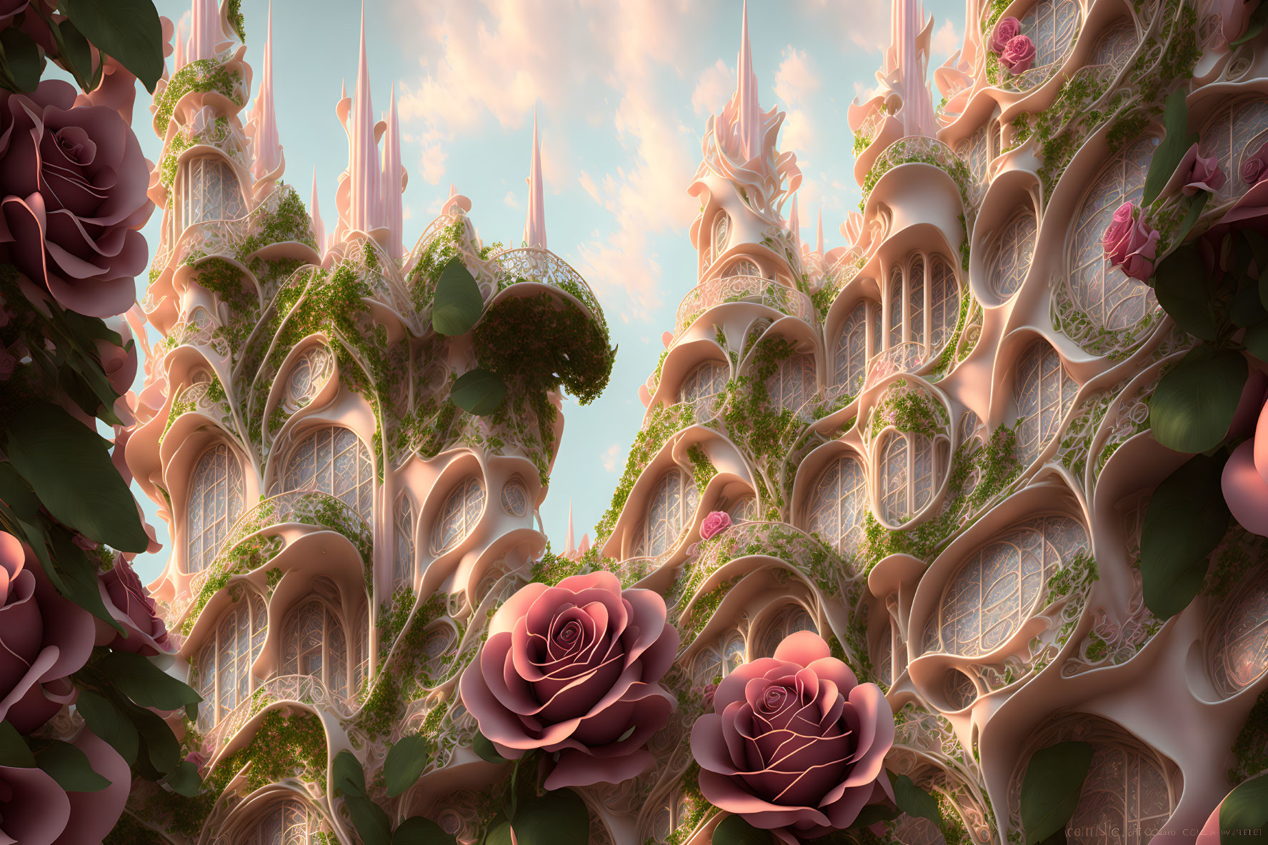 Surreal landscape featuring rose-adorned towers in pink sky