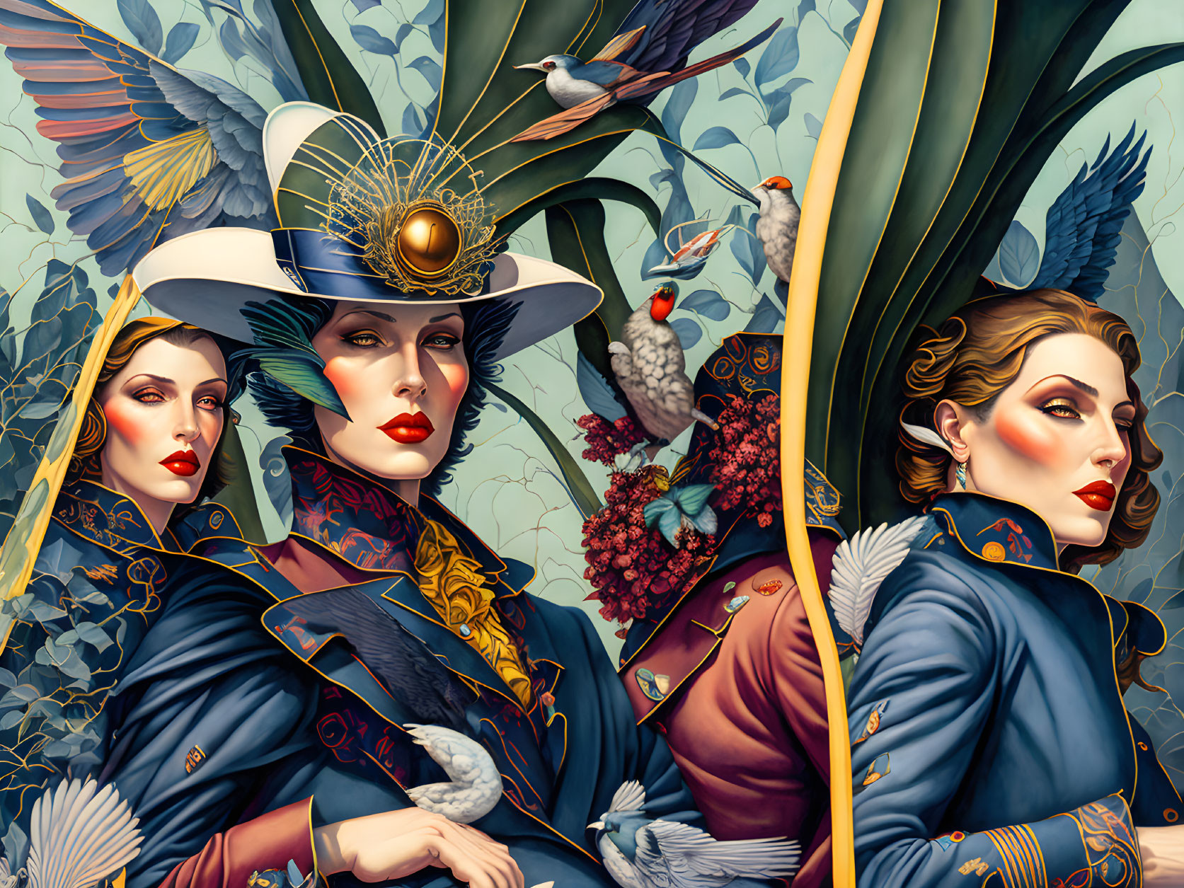 Stylized women in vintage attire with elaborate hats among exotic birds and flora