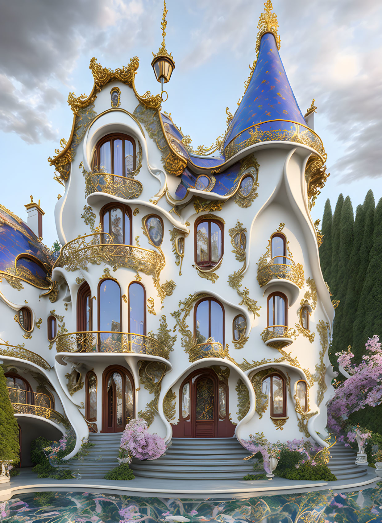 Fantasy-style building with gold trimmings and blue rooftops