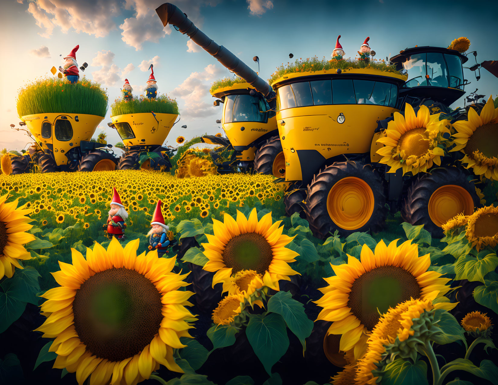 Yellow harvesters in sunflower field with garden gnomes under cloudy sky