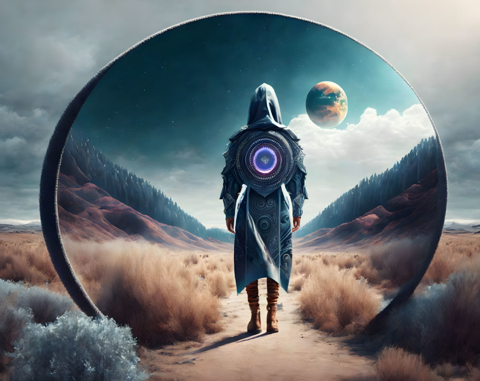 Cloaked figure at circular portal gazes at surreal landscape