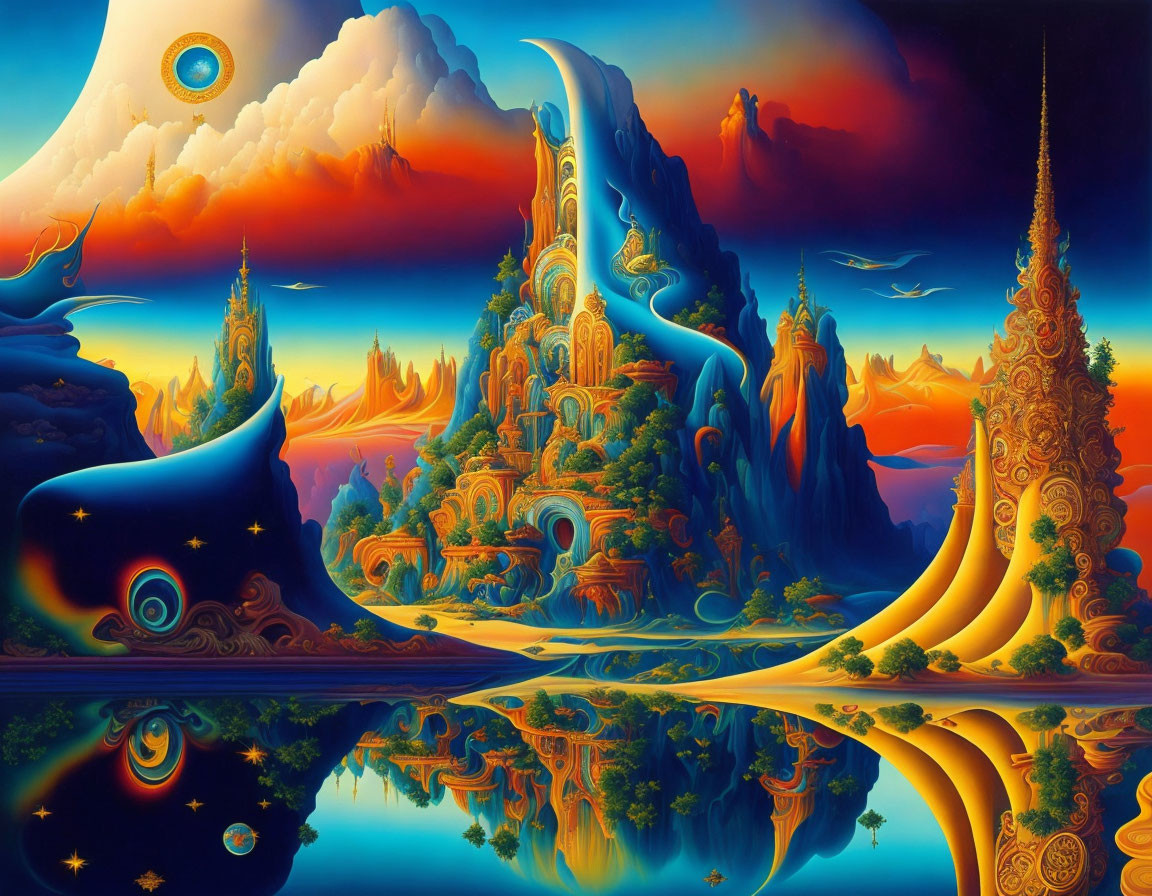 Fantastical landscape with surreal structures, mountains, water, and crescent moon
