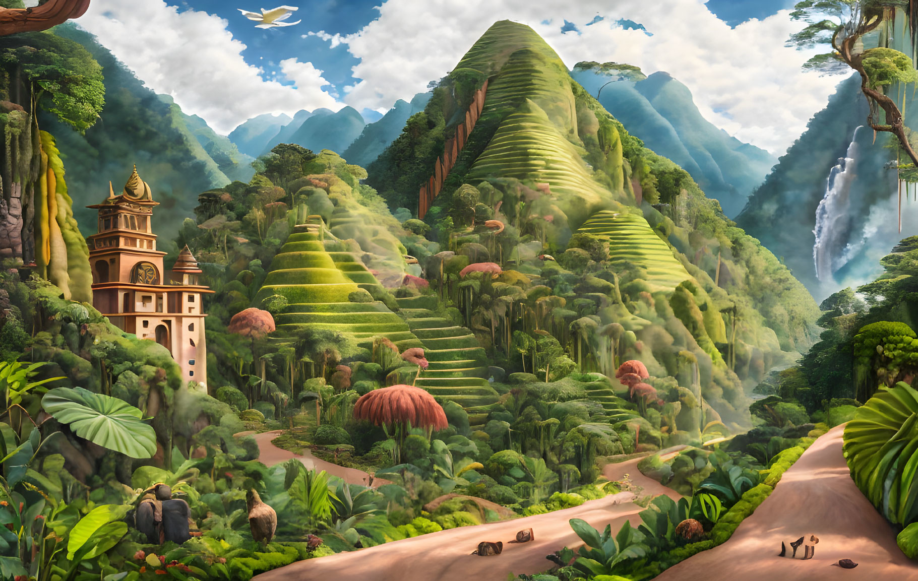 Lush vibrant landscape with terraced hills, tower, waterfalls & tropical flora