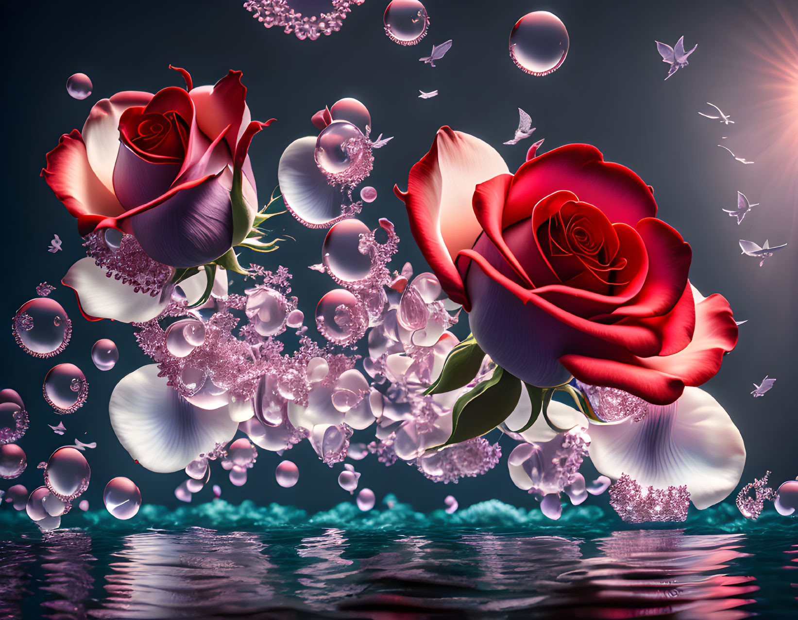 Colorful Flowers Floating Above Water with Bubbles and Butterflies on Dark Background