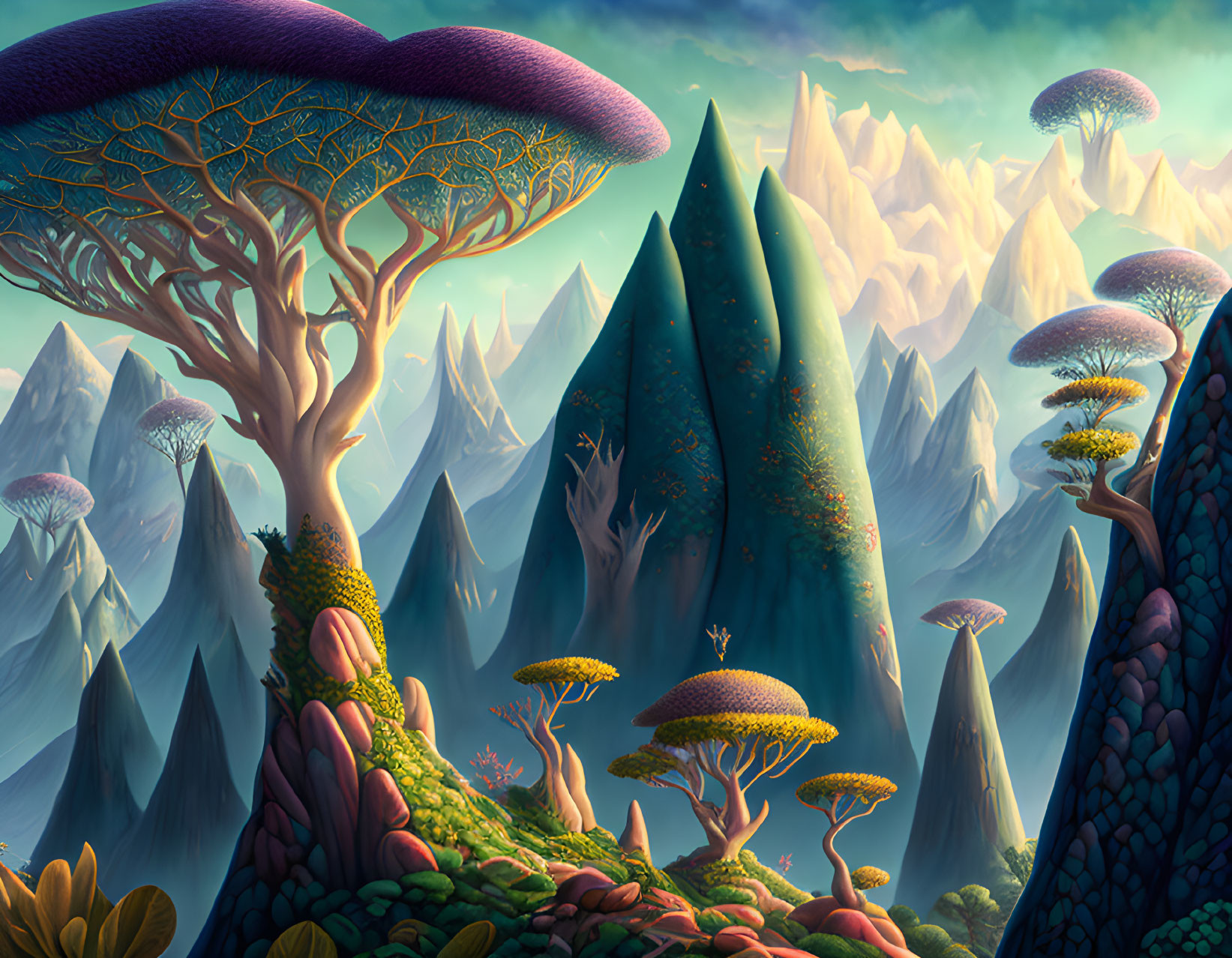 Mushroom-like Trees and Mountain Peaks in Vibrant Landscape