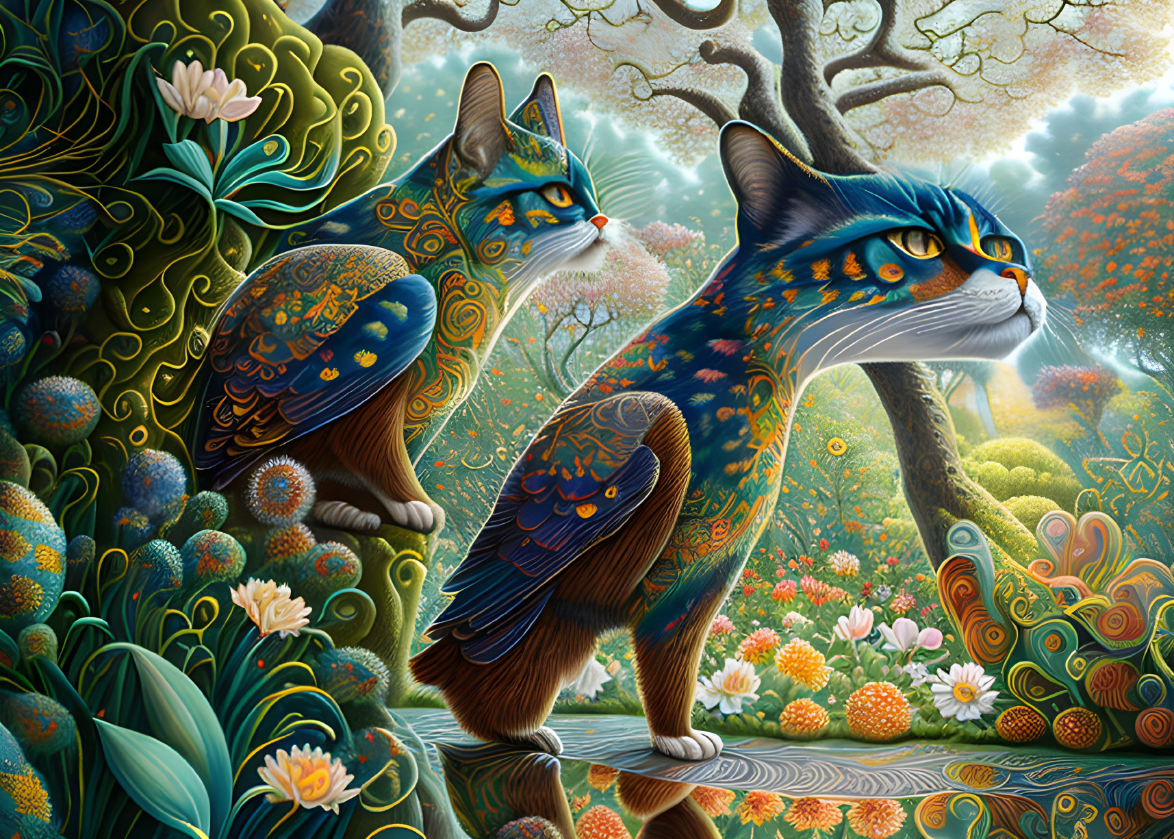 Stylized cats with peacock feather patterns in lush garden