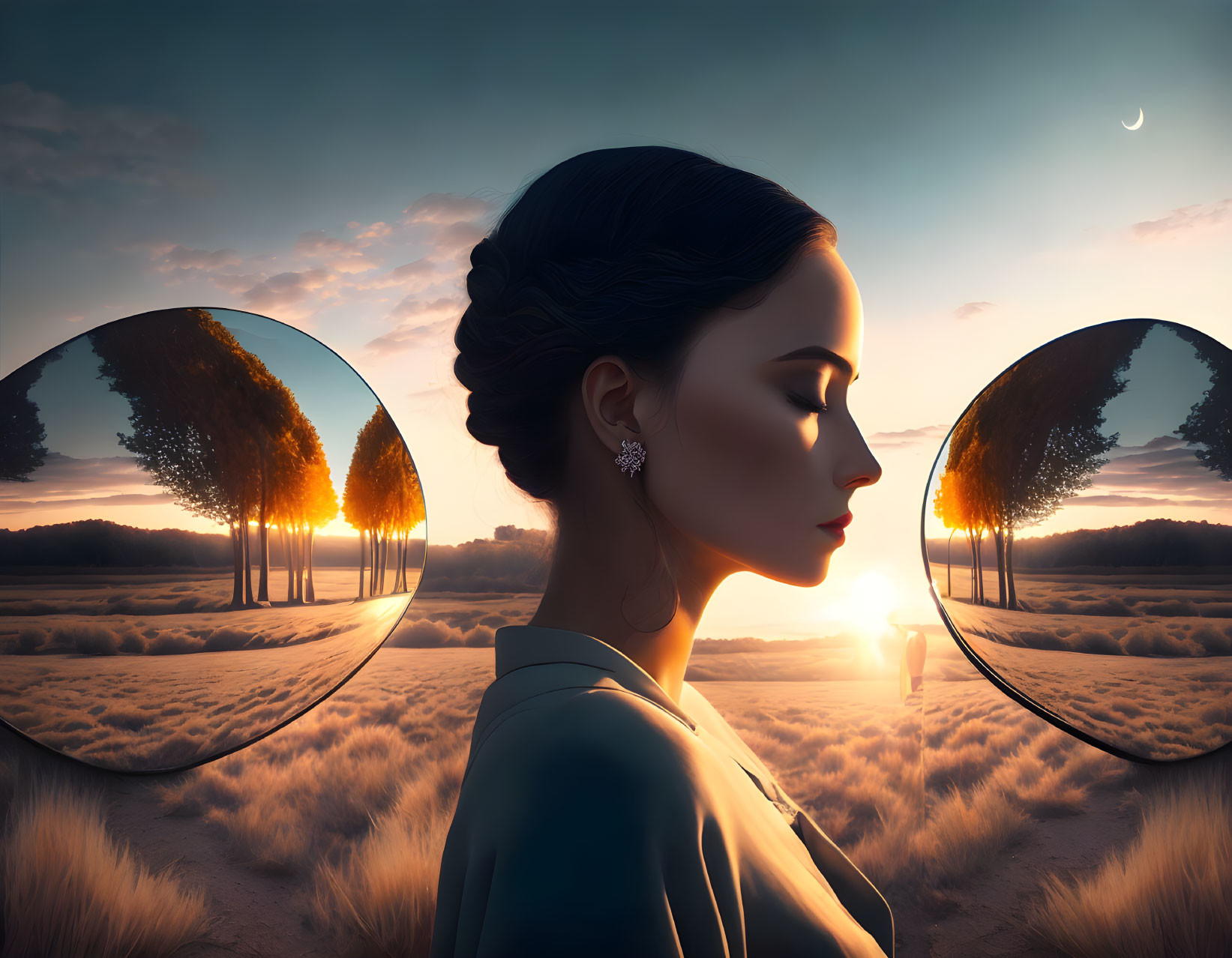 Woman with serene expression, braid, earring, nature scenes, crescent moon.