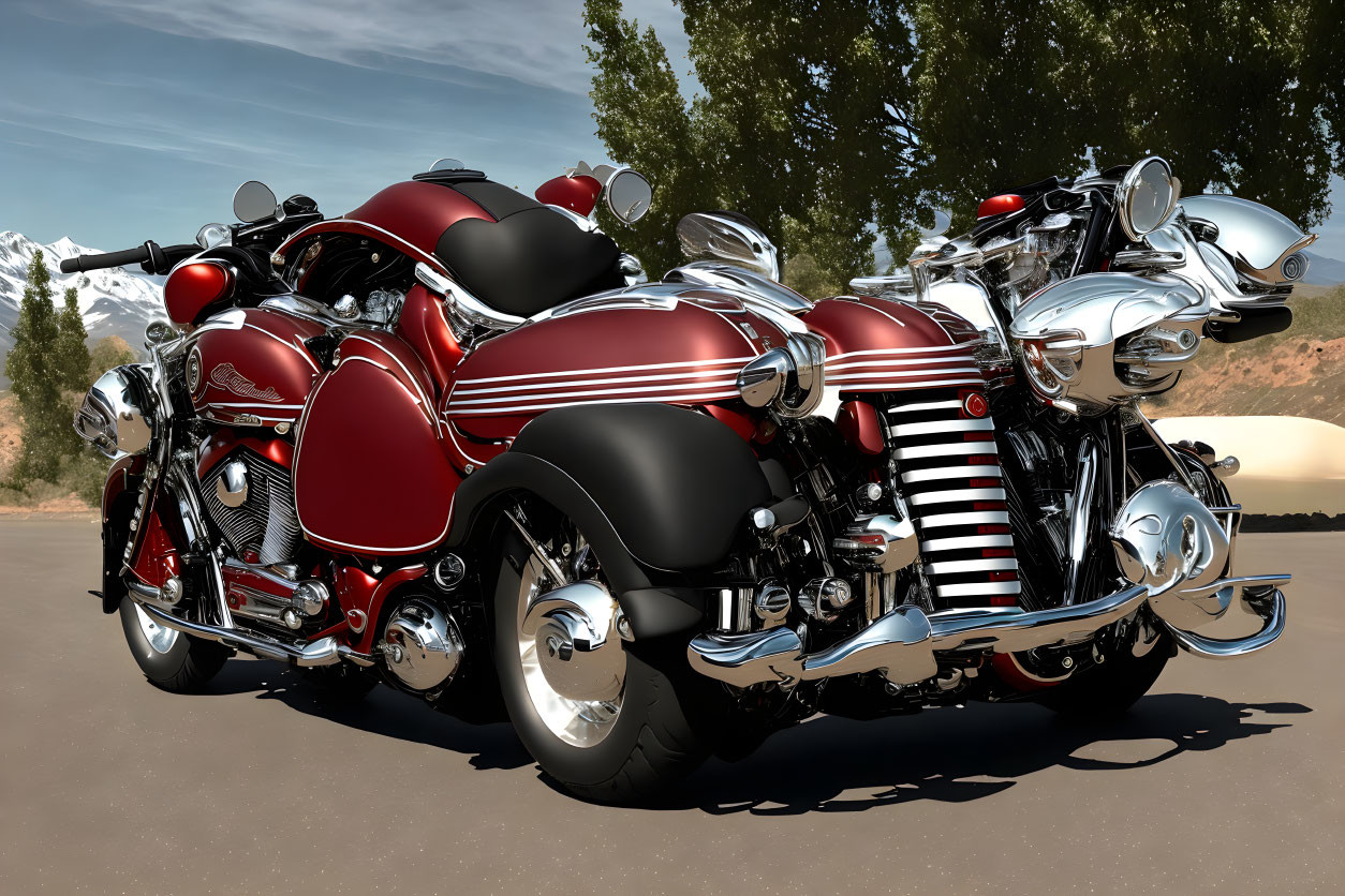 Classic Red and Chrome Motorcycle with White Stripes on Road Amidst Mountains