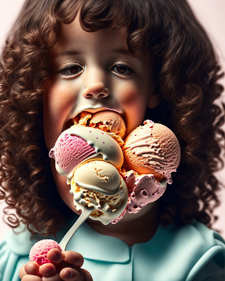 Curly-Haired Child Admiring Colorful Ice Cream Cone