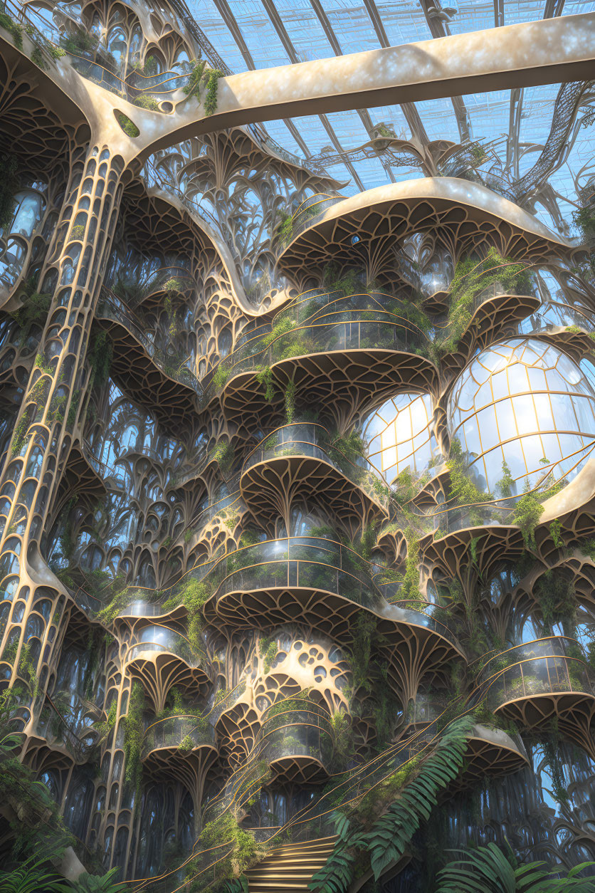 Elaborate futuristic botanical garden with organic structures