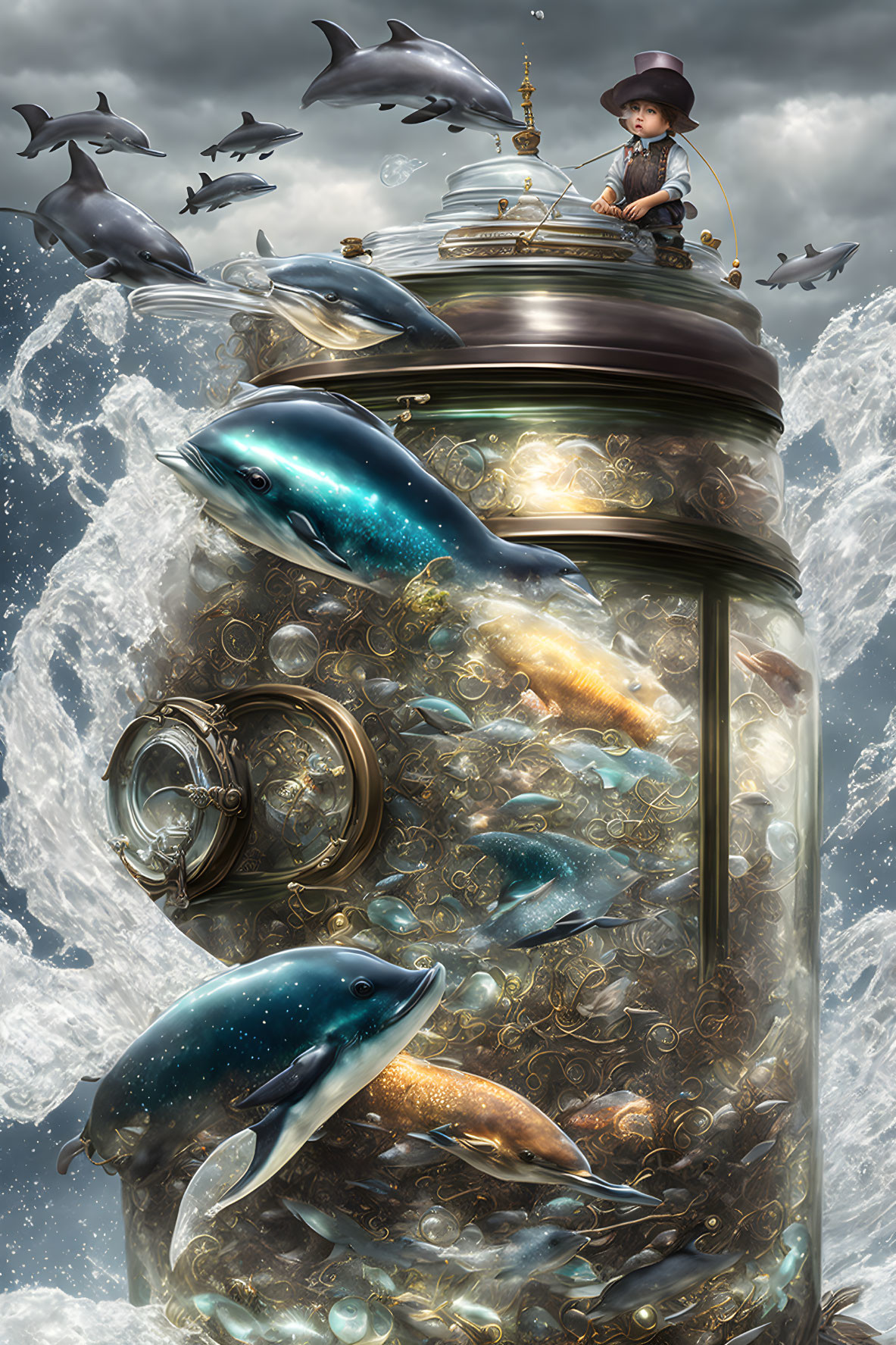 Child on Jar Surrounded by Dolphins and Goldfish in Whimsical Ocean Scene