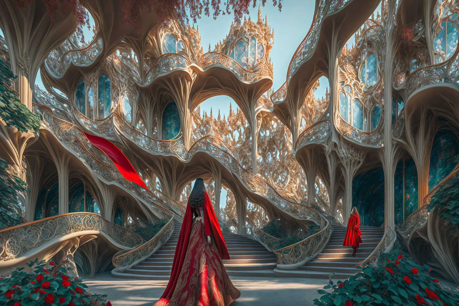 Red Cloaked Figure Ascending Ornate Fantasy Tree Structure