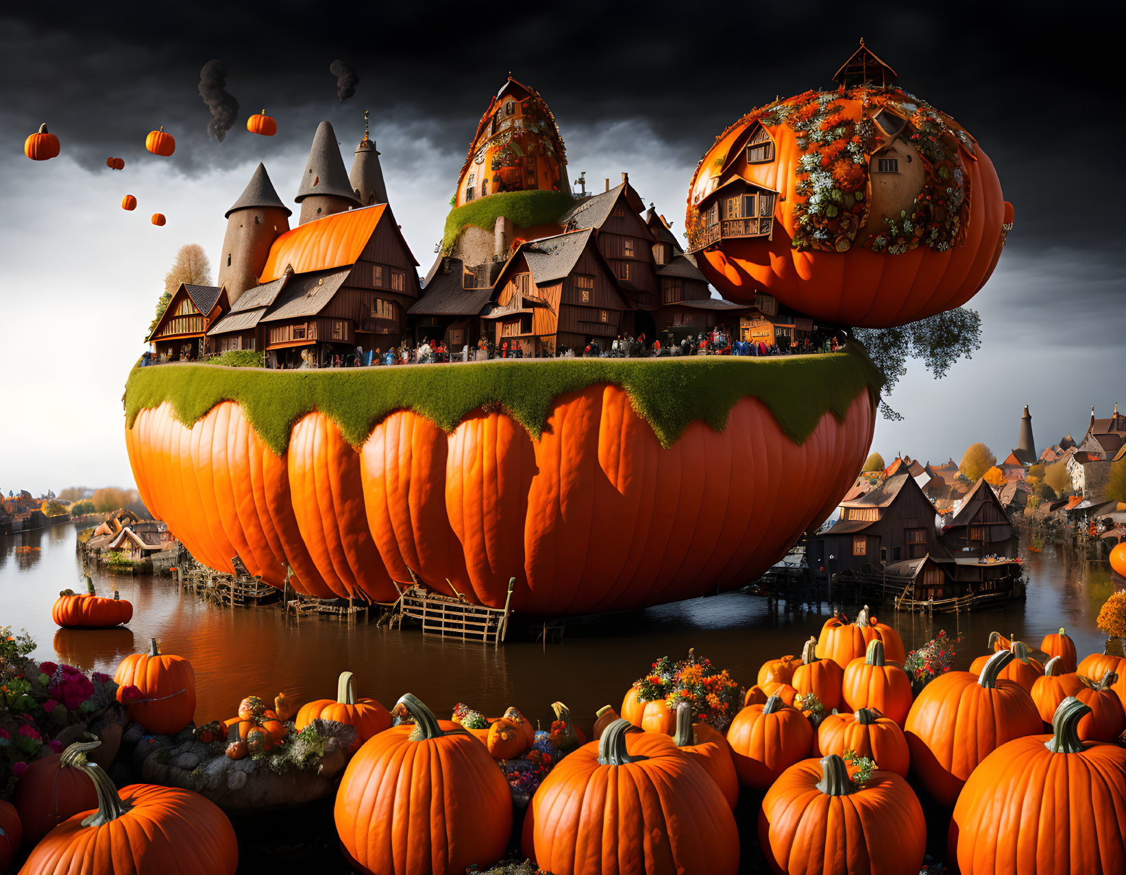 Fantasy landscape with floating pumpkin island and autumn scenery