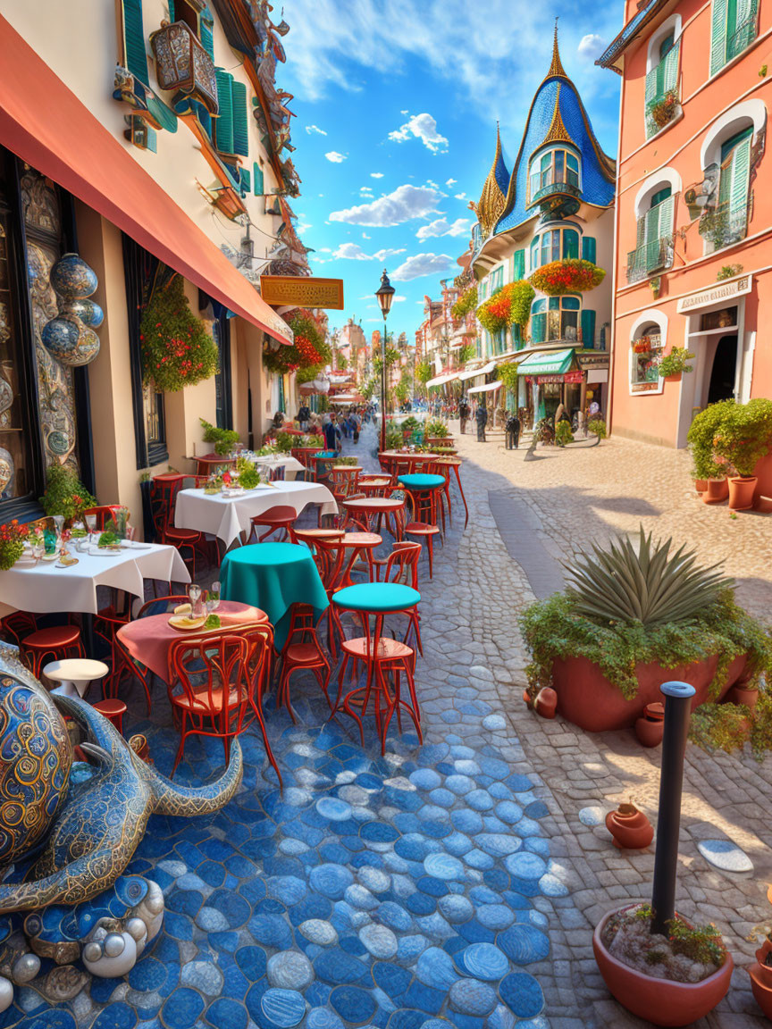 Colorful cobblestone street with cafes and plants under blue sky