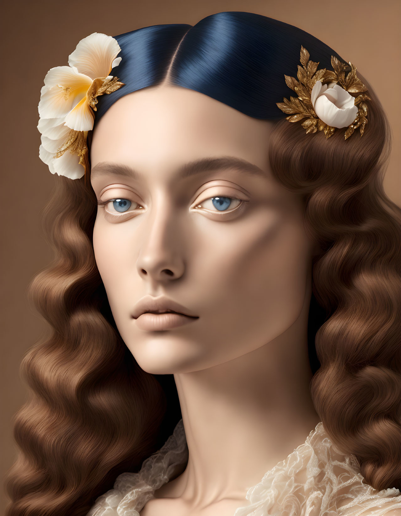 Digital artwork: Woman with wavy hair, blue headband, and flowers