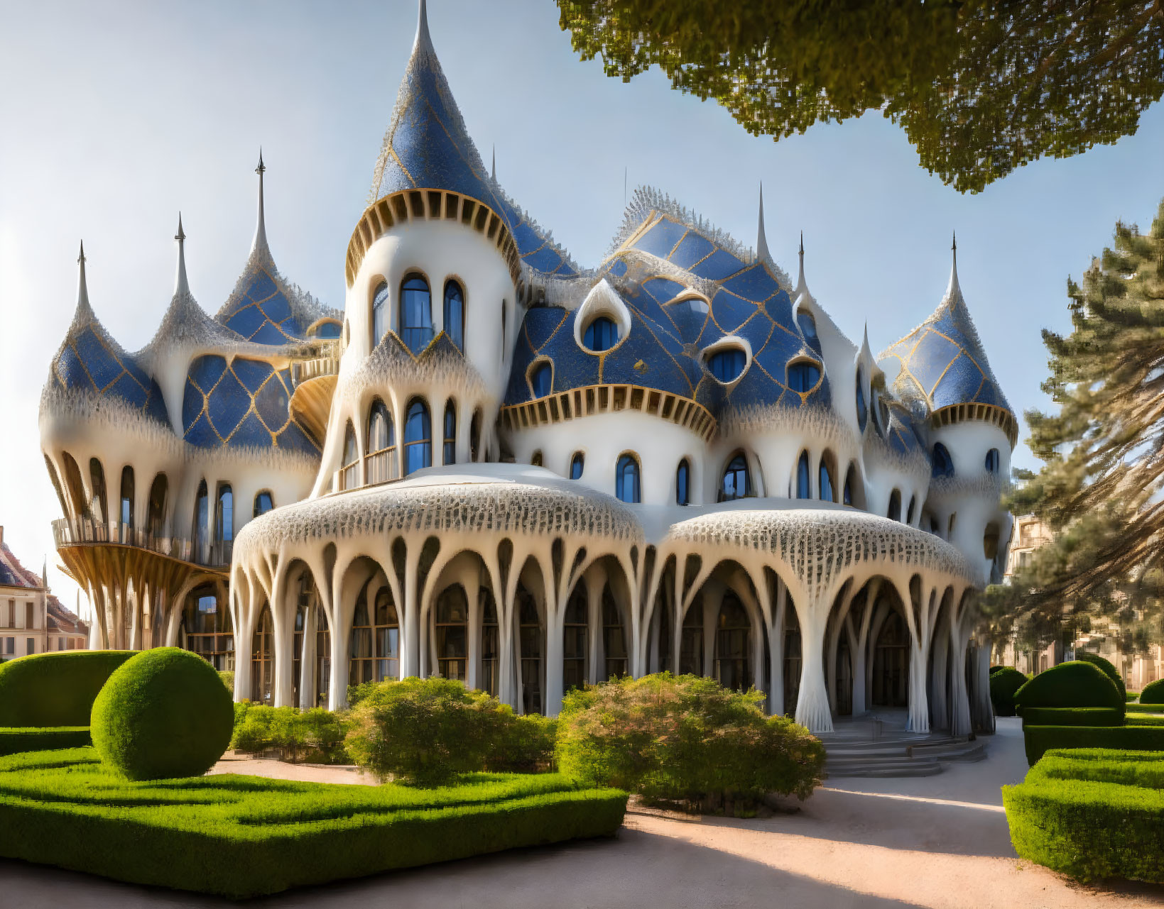 Whimsical white and blue cone-shaped roof architecture in green surroundings