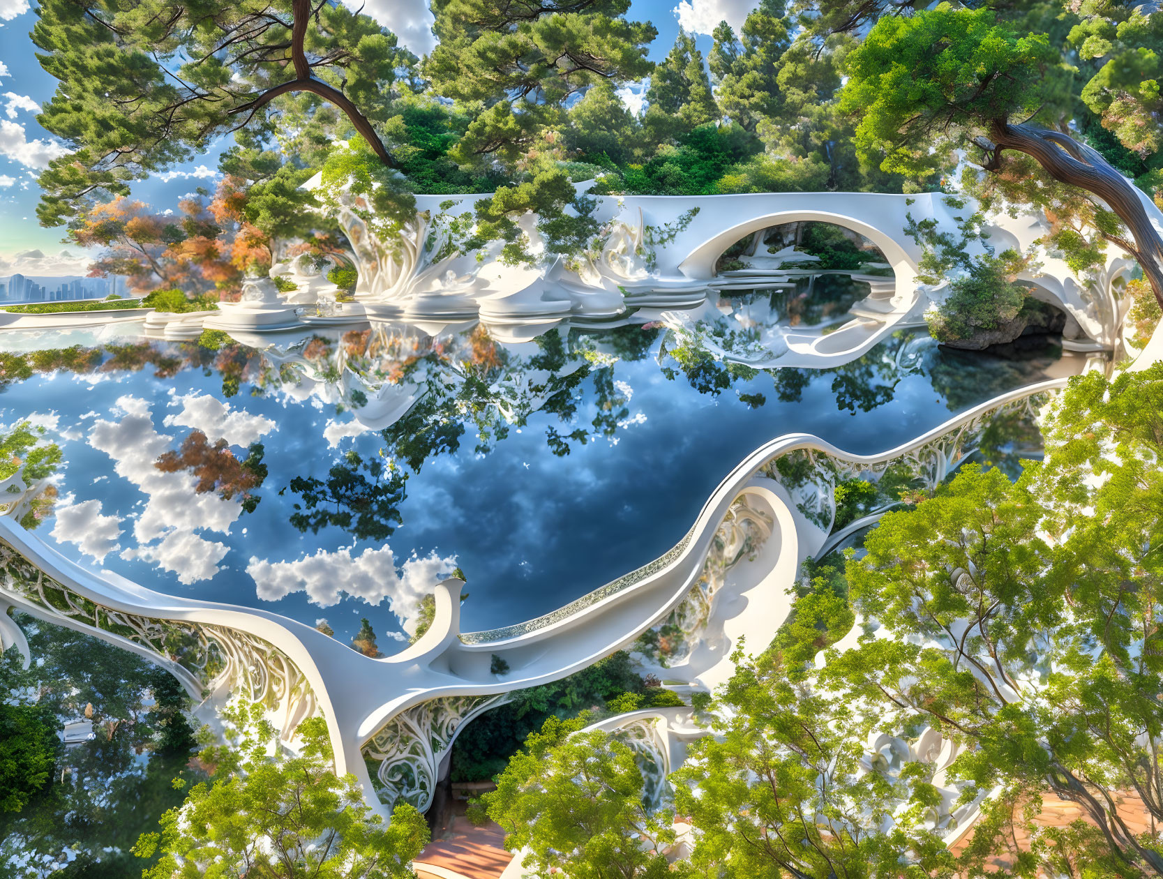 Surreal Escheresque Landscape with Reflective Water and White Bridges