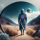 Cloaked figure at circular portal gazes at surreal landscape