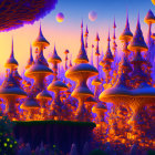 Fantasy landscape with oversized glowing mushrooms in lush twilight scene