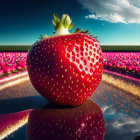 Surreal image: Giant melting strawberry on reflective surface among strawberry landscape