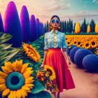 Stylish woman in pink skirt with sunflowers in surreal garden.