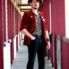 Confident man in cowboy hat in elegant hallway with pink walls