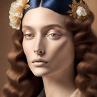 Digital artwork: Woman with wavy hair, blue headband, and flowers