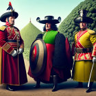 Elaborate historical military uniforms on three men amid whimsical green structures