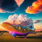 Colorful whimsical creature in surreal sunset landscape