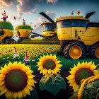 Yellow harvesters in sunflower field with garden gnomes under cloudy sky