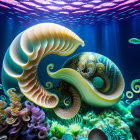 Colorful Digital Art: Imaginary Seashell Creature in Underwater Scene