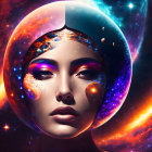 Cosmic-themed surreal portrait of a woman with helmet.