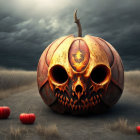 Carved pumpkin with glowing eyes on barren path under stormy sky