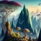 Mushroom-like Trees and Mountain Peaks in Vibrant Landscape