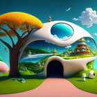 Whimsical face-shaped building in surreal landscape